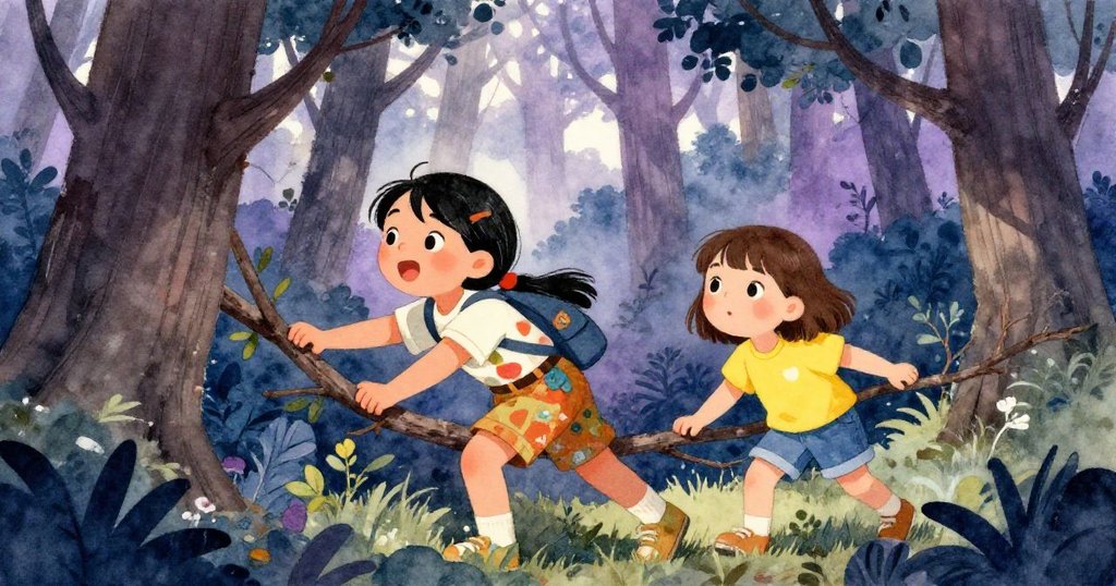 林和梅在茂密的森林中探索,推開厚重的樹枝,臉上帶著興奮和一絲緊張。