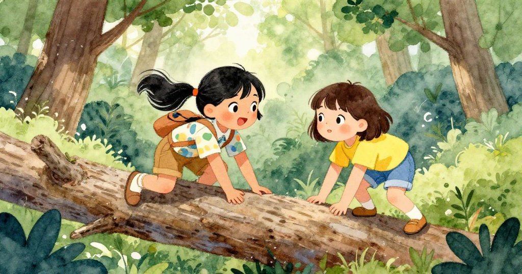 林和梅互相幫助,攀爬過倒下的樹木,展現出他們的團隊合作和堅持。