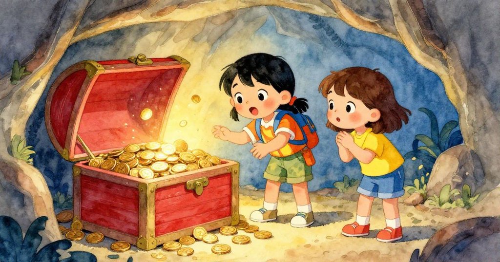 在隱藏的洞穴裡,林和梅發現了一個裝滿金幣的寶箱,驚喜和興奮在她們臉上交織。