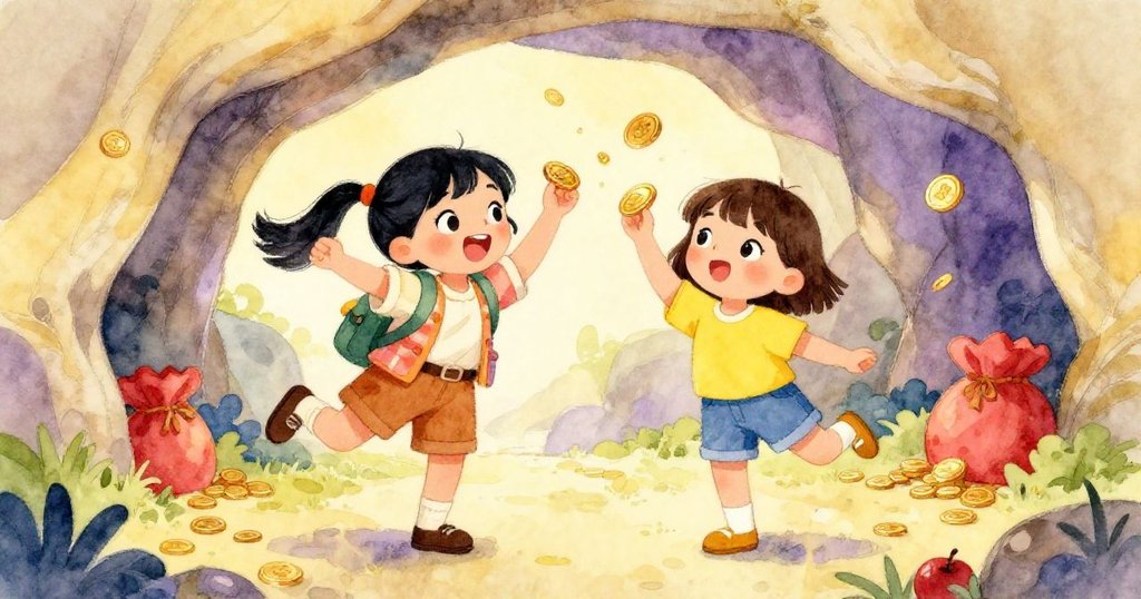 林和梅在洞穴外快樂地跳舞,手中捧著金幣,沉浸在尋寶的喜悅中。