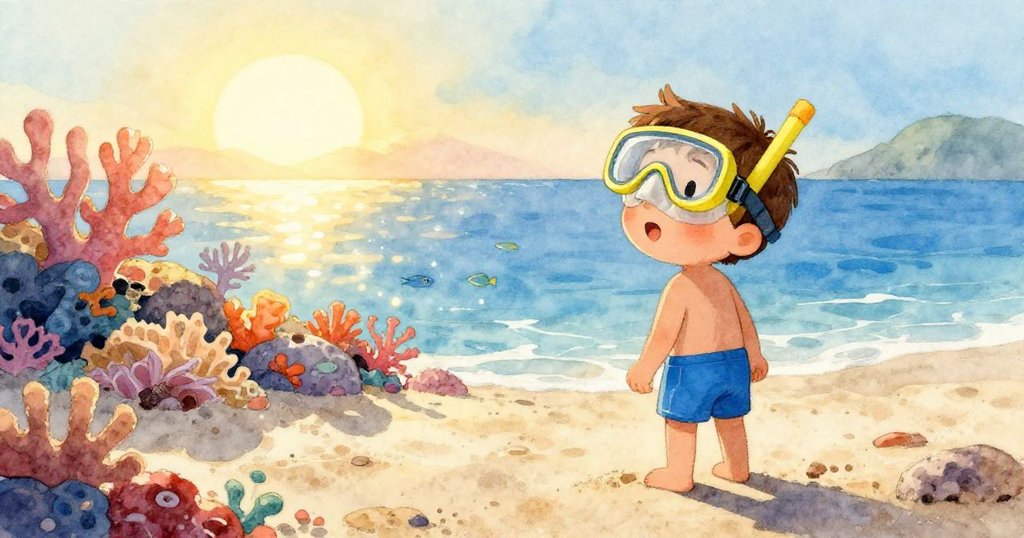 小男孩在日出時站在沙灘上，期待地看著色彩繽紛的珊瑚礁，海水在陽光下閃閃發光。