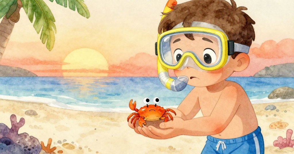 小男孩輕輕地握著小螃蟹，關心地傾聽著它的故事，背景中隱約可見沙灘和珊瑚礁。