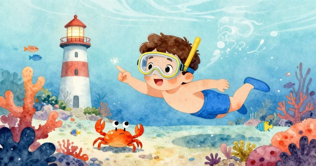 小男孩在水下與小螃蟹一起游泳，開心地指著背景中的閃亮燈塔，周圍有色彩繽紛的珊瑚礁和魚群。