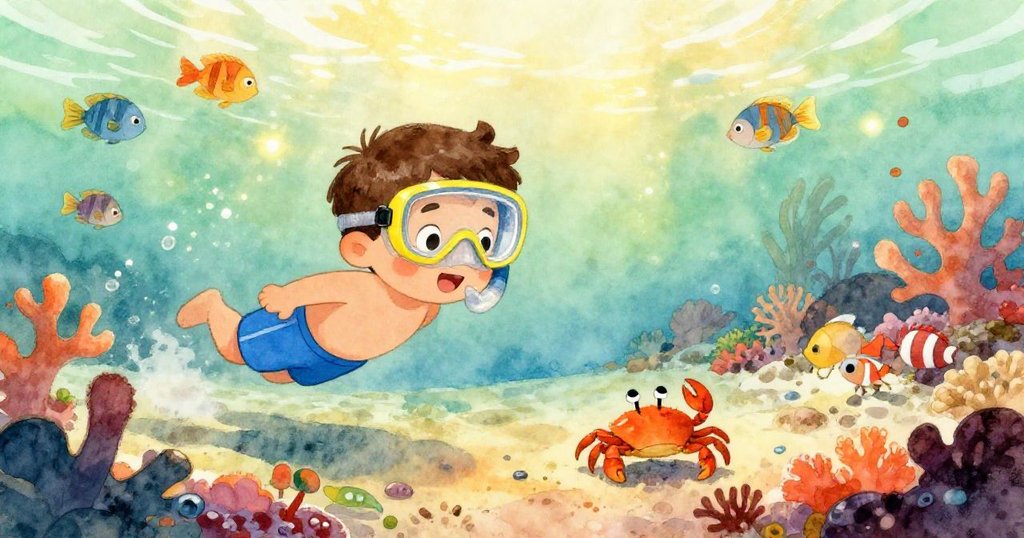 小男孩在色彩繽紛的珊瑚礁附近漂浮，快樂地看著小螃蟹與家人團聚，周圍充滿了色彩斑斕的魚群和陽光的閃耀。