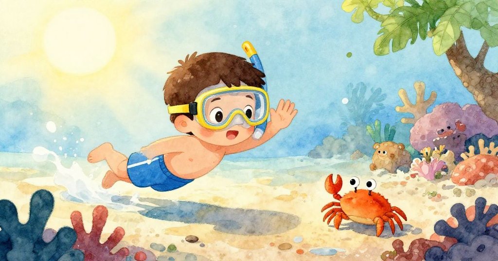 小男孩在游回沙灘時，向小螃蟹和它的家人揮手告別，陽光灑落在場景上，營造出快樂和溫暖的氛圍。