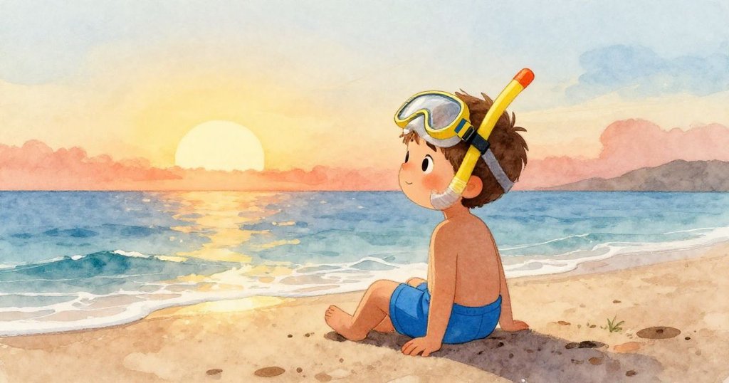 小男孩坐在沙灘上，思考他的一天，面帶微笑，夕陽映照出溫暖的顏色，營造出寧靜的氛圍。