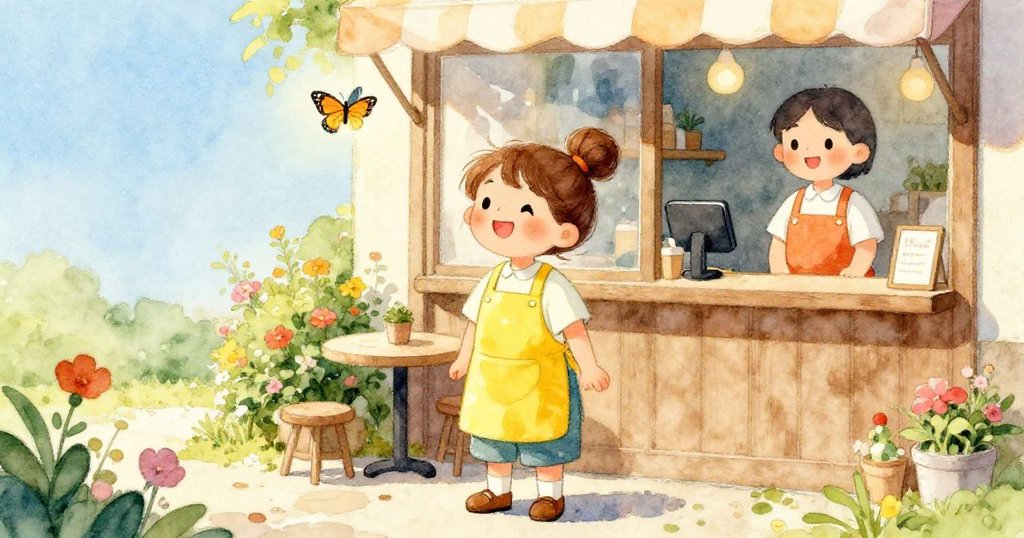 小咖啡館外觀，陽光明媚，莉莉在裡面微笑看著外面，周圍有盛開的花朵和翩翩起舞的蝴蝶。