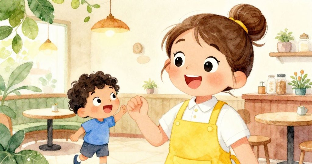 莉莉的臉上流露出喜悅的神情，眼睛閃爍著興奮的光芒，背景是色彩繽紛的咖啡館內部。