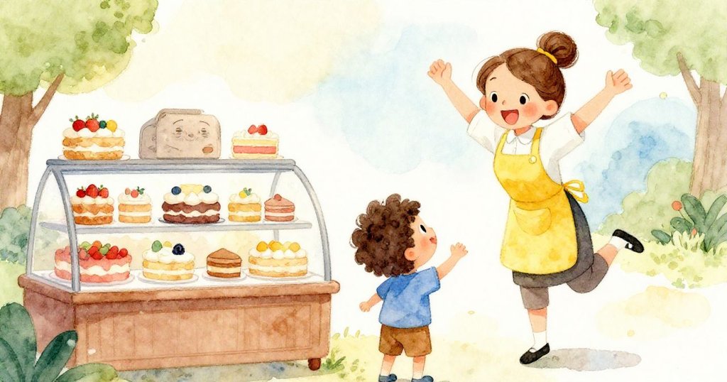 小男孩興奮地抬頭看著莉莉，莉莉跟著跳起來，背景中展示著色彩繽紛的蛋糕。