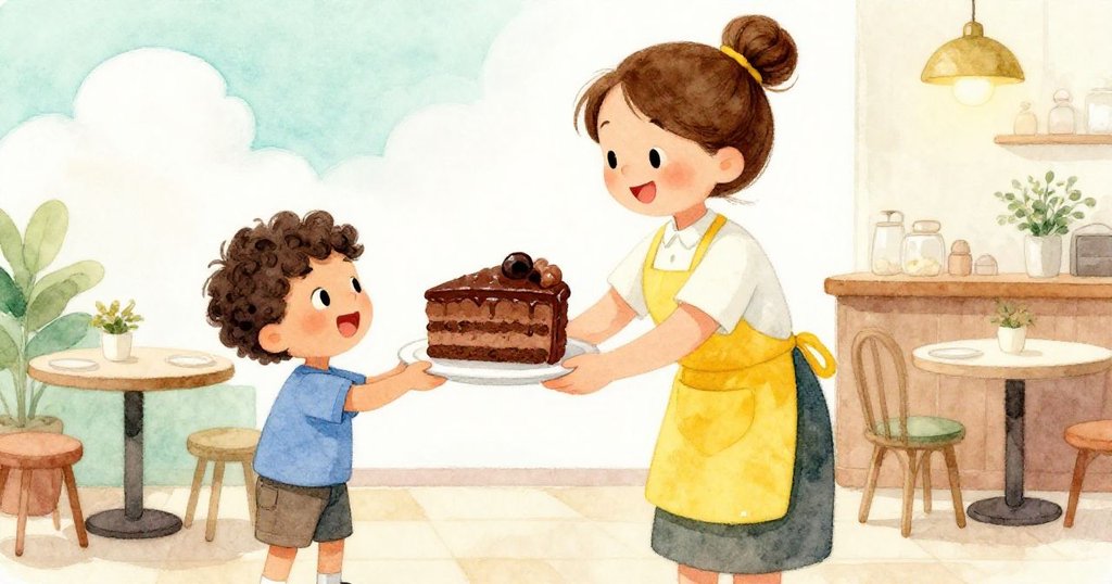莉莉微笑著把一大塊巧克力蛋糕遞給興奮的小男孩，背景中可以看到陽光明媚和蓬鬆的雲朵。
