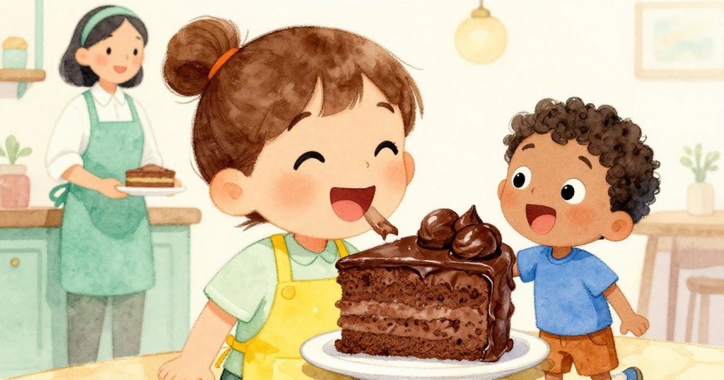 小男孩帶著驚喜的表情，大口咬下巧克力蛋糕，莉莉在一旁微笑著觀看，背景是溫馨的咖啡館。