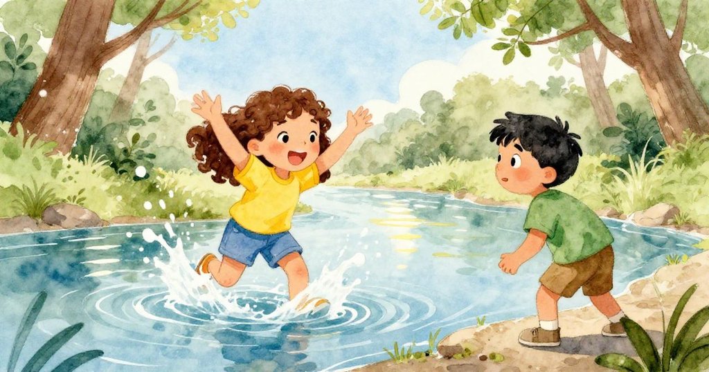 艾瑪在小河邊玩水，興奮地潑灑著水，利奧在旁邊看著，臉上露出愉快的笑容。