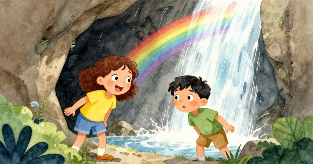 艾瑪和利奧站在瀑布後的洞口，驚訝地向裡面偷看，陽光將水霧折射成彩虹。