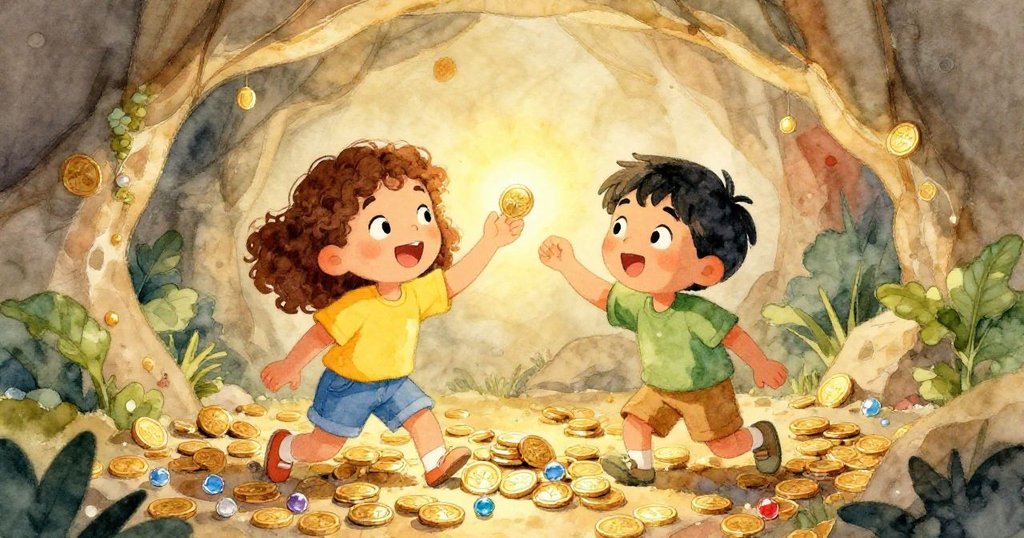 艾瑪和利奧坐在洞穴中，周圍是閃閃發光的金幣和寶石，艾瑪興奮地舉起一枚金幣，臉上充滿了快樂的笑容。