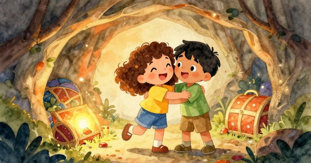 在充滿寶藏的洞穴裡，艾瑪和利奧擁抱在一起，臉上洋溢著快樂的笑容，洞穴裡散發著溫暖的光芒。