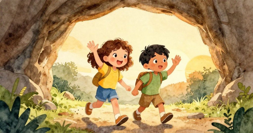 艾瑪和利奧走出洞穴，揮手告別他們的奇妙冒險，背景是美麗的日落，溫暖的金色光芒映照著周圍的景色。