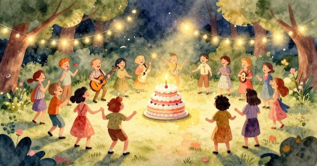 在公園裡，朋友們聚集在一起，燈光閃爍，歡聲笑語。