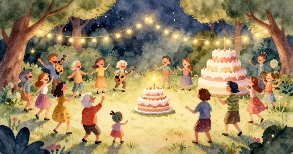 在公園裡，朋友們隨著音樂跳舞，燈光閃爍，笑聲回蕩。