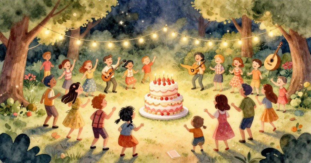 朋友們驚喜地看到大蛋糕出現在公園裡，燈光明亮，笑聲四起。