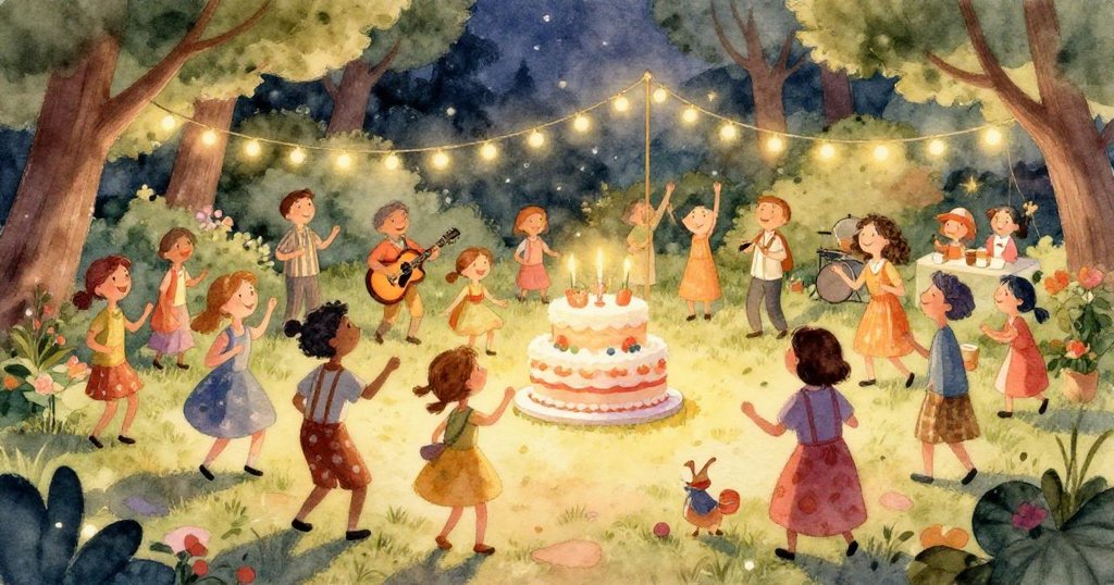 朋友們在公園裡享用蛋糕，夜空中星星閃爍，笑聲不斷。