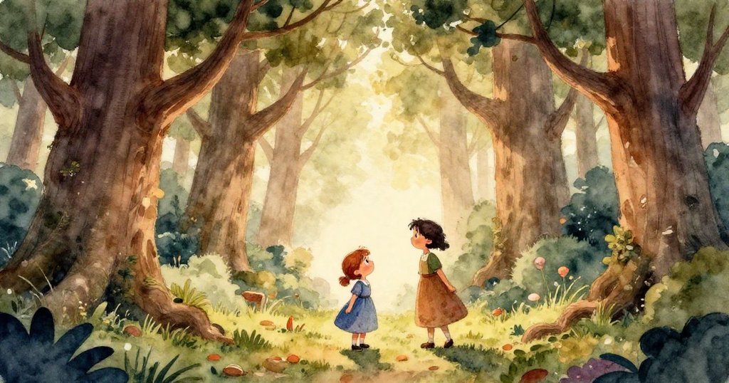 在古老森林邊緣的克拉拉，長髮披肩，穿著淺綠色連衣裙，手放在樹幹上，凝視著神秘的森林。