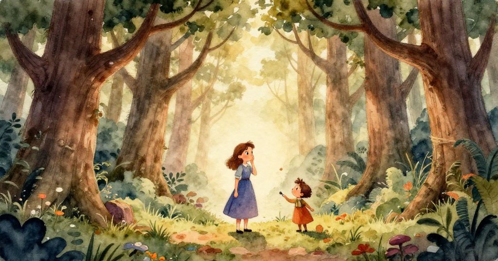 克拉拉指著飛在古老森林上方的直升機，驚訝的表情映襯著美麗的日落。