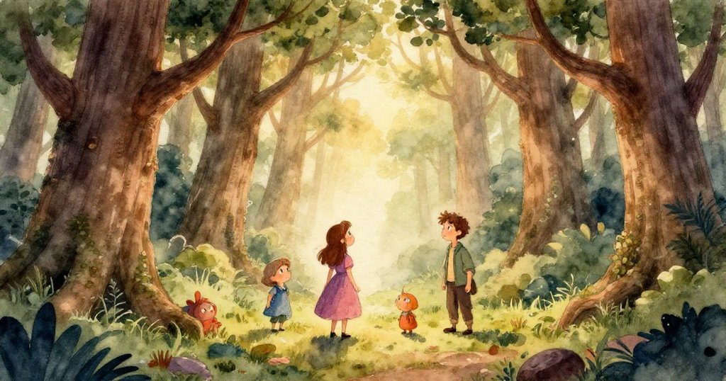 克拉拉在古老森林中狹窄的過grown小徑上行走，四周環繞著五顏六色的野花和茂密的綠色植物，她輕輕撥開樹葉。