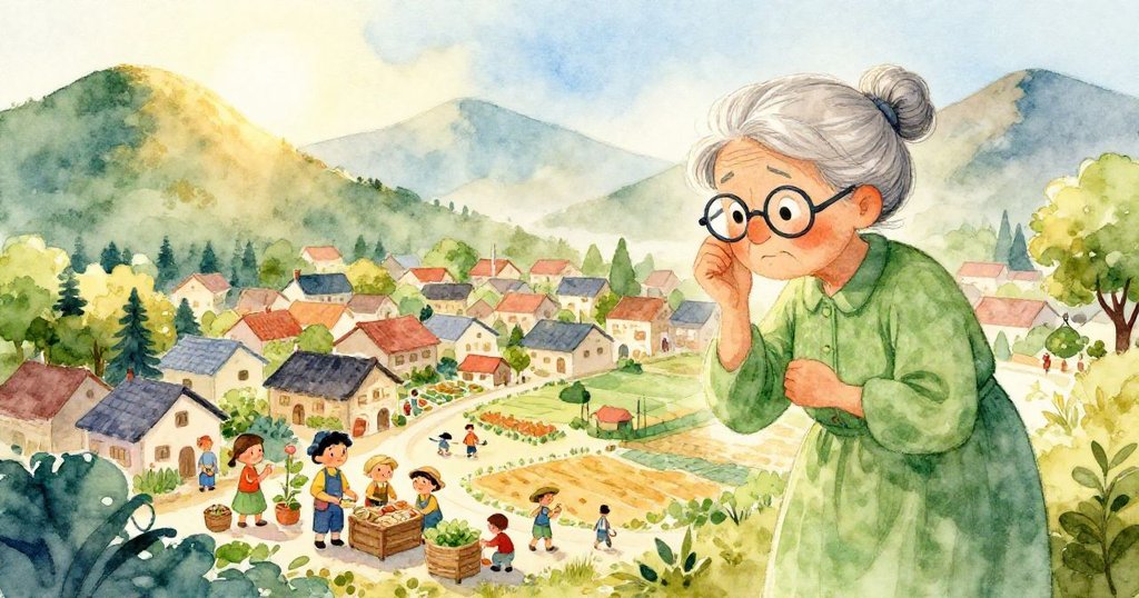 小村莊埃爾多里亞的全景，村民們忙於交易和農業，四周環繞著高山和森林，晨光灑下溫暖的金色光線。