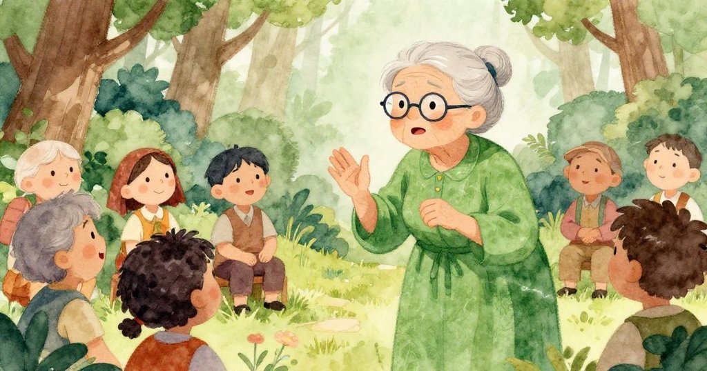 米拉在小山上激情地向村民們講述有關守護財寶的蛇的故事，村民們神情專注，森林在她身後顯得危險。