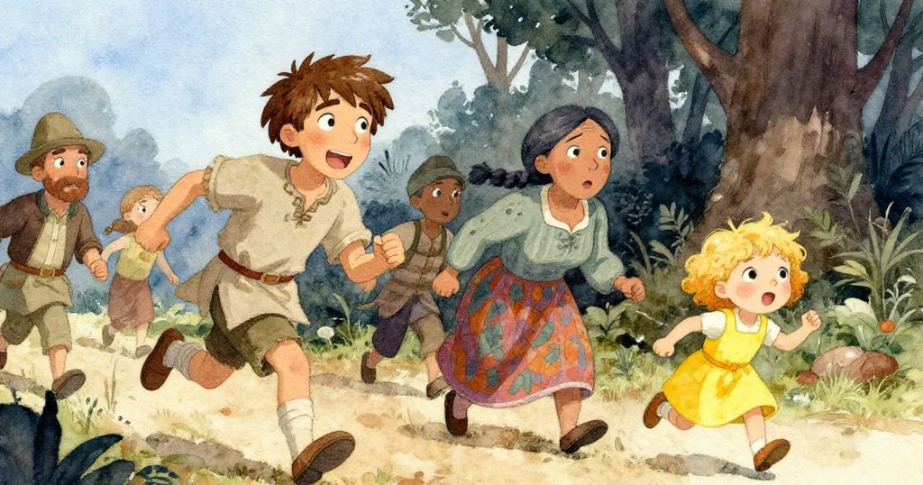 村民們興奮地朝著黑暗的森林奔跑，村民1走在最前面，村民2卻猶豫不決，村民3驚訝地回頭。