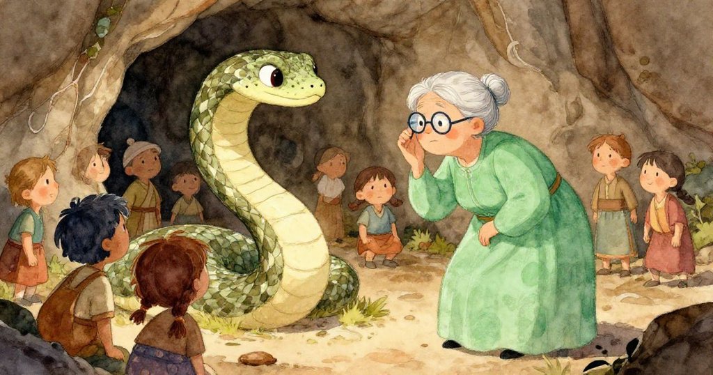 村民們在洞穴中面對著威脅的蛇，米拉勇敢地向前邁出一步，村民們神情緊張，卻也聆聽她的話。