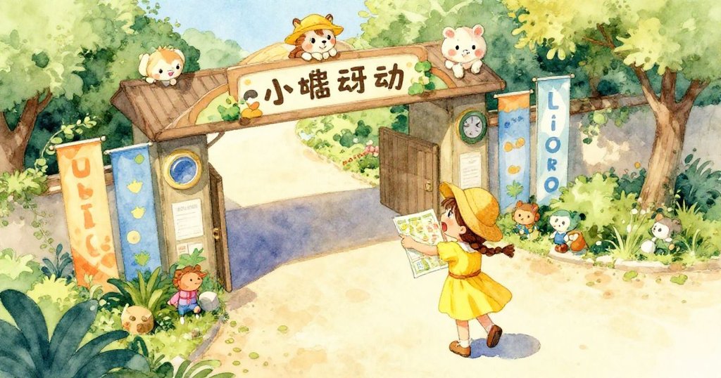 莉莉在動物園入口前，興奮地拿著地圖，指著入口，陽光明媚，周圍環繞著綠樹和色彩繽紛的橫幅。