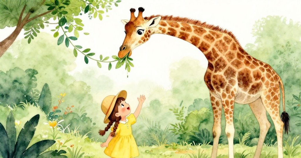 莉莉驚訝地望著一隻美麗的高大長頸鹿，伸手觸摸它的腿，長頸鹿在新鮮的綠葉上咀嚼，周圍是茂密的綠色植物。