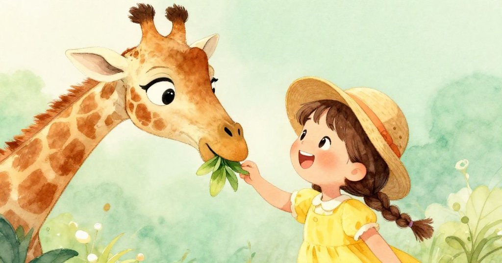 莉莉在陽光下愉快地微笑，正與一隻友善的長頸鹿對視，長頸鹿的大眼睛朝下看著她，背景是一片柔和的綠色。