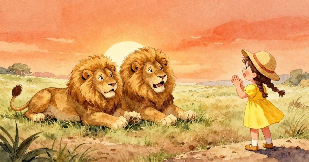 莉莉在獅子圍欄邊，看著兩隻在草地上嬉戲的獅子，興奮地拍手，陽光明媚，草地綠油油的。