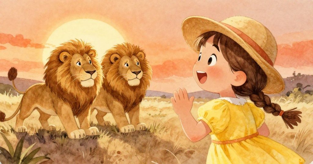 莉莉興奮地看著獅子，臉上露出驚喜的表情，雙手捧著臉，背景是獅子圍欄，光線溫暖而柔和。