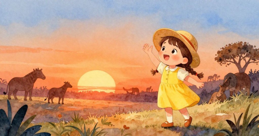 莉莉在日落時向動物園揮手告別，臉上帶著愉快的微笑，背景中有動物的剪影和樹木，光線溫暖而夢幻。