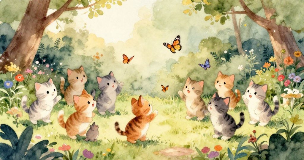 在陽光明媚的花園裡，無數可愛的小貓在盛開的花朵間追逐色彩斑斕的蝴蝶。
