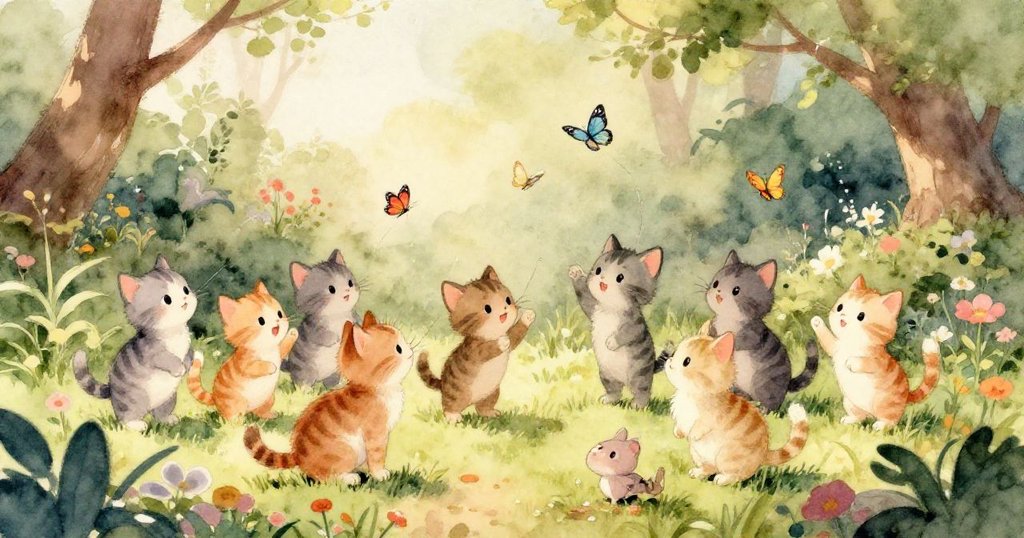 幾隻好奇的小貓面帶驚訝地看著剛進入花園的小兔子，兔子看起來有些害羞。