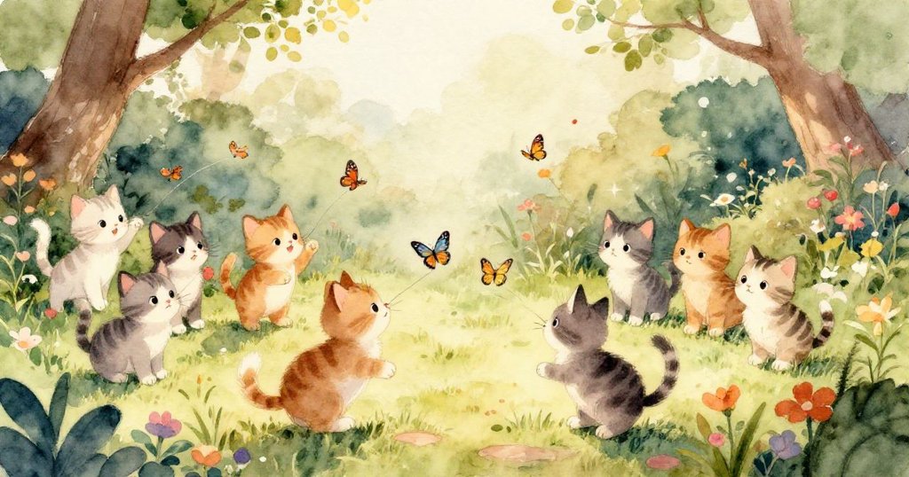 聰明的小鼠自信地邀請害羞的小兔子與小貓們一起玩耍，背景是一個陽光明媚的花園。