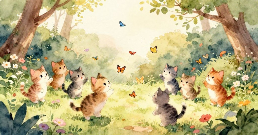 小兔子快樂地與小貓們在陽光明媚的花園裡玩耍，大家都帶著笑容，追逐著蝴蝶。