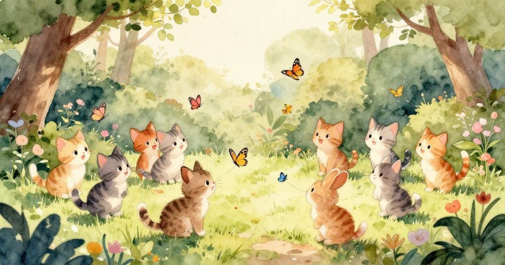 在柔和的日落場景中，小貓們、小兔子和小鼠都在愉快地揮手告別，花園裡充滿了友誼的溫暖。