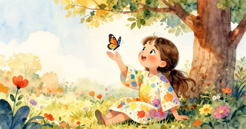 米婭坐在陽光明媚的草地上，手中輕輕托著一隻蝴蝶，臉上帶著興奮的笑容，周圍是盛開的花朵和翩翩而飛的蝴蝶。