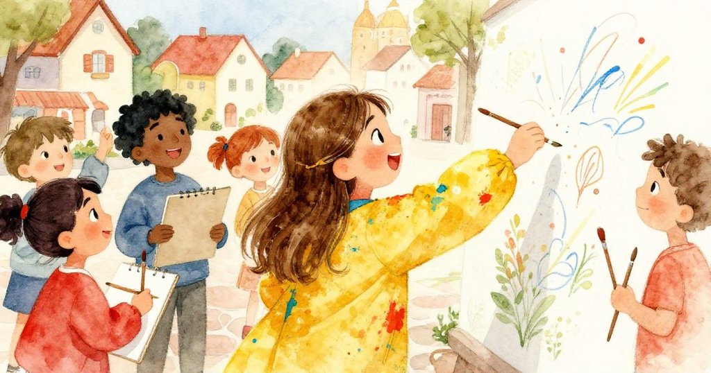 米婭興奮地向她的朋友們分享她的壁畫想法，朋友們面帶笑容，手中拿著畫筆和素描本，準備幫助她。