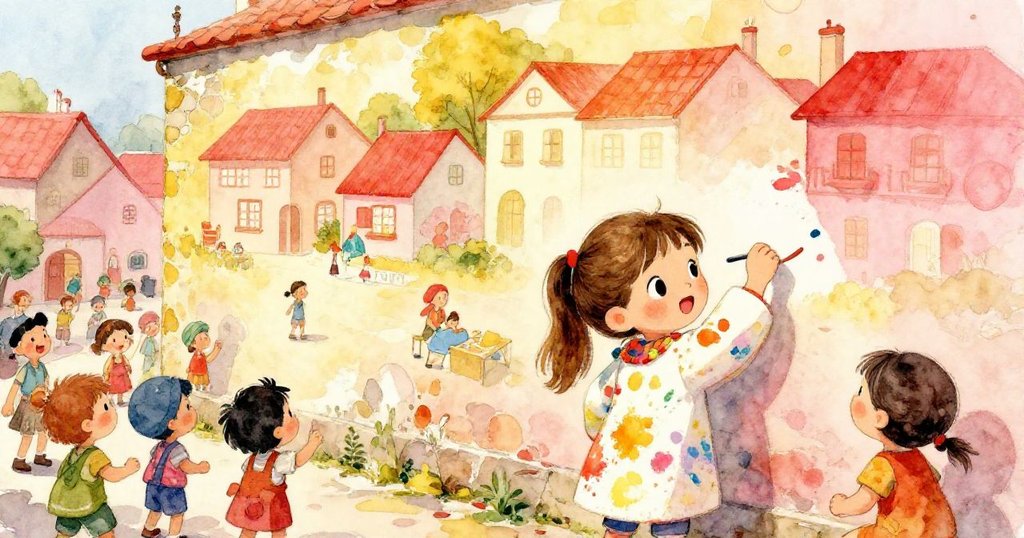 米婭和朋友們一起在村莊廣場的老牆上畫出色彩斑斕的壁畫，周圍的村民們驚訝地觀看著這幅生動的畫作。