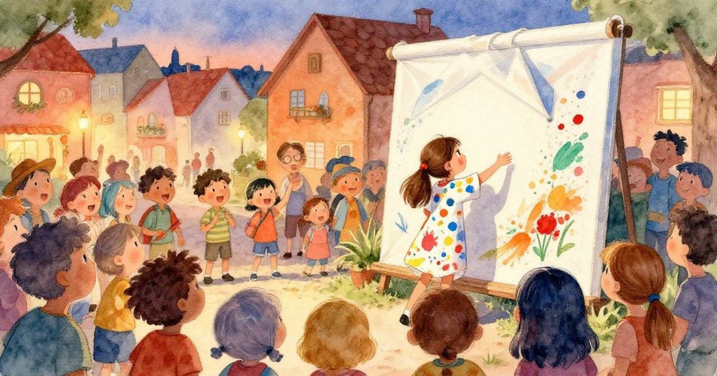 村民們聚集在一起，期待著米婭的壁畫揭幕，米婭自豪地站在旁邊，臉上洋溢著期待的笑容。