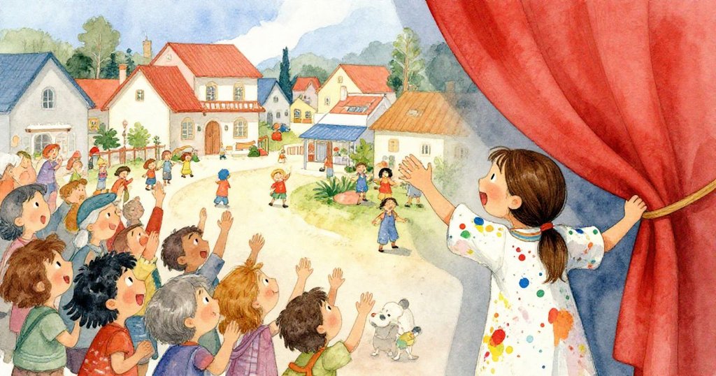 米婭激動地拉下幕布，揭開她的壁畫，村民們歡呼雀躍，臉上洋溢著喜悅和感激。