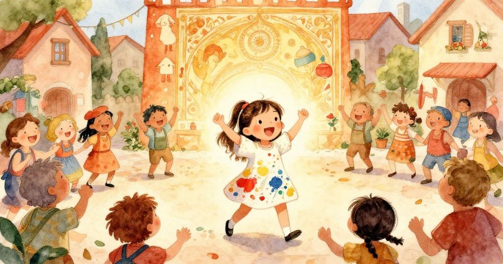 村民們在廣場上快樂地慶祝，米婭笑容燦爛，周圍是歡快的舞蹈和感激的笑聲，壁畫在背景中閃耀著光彩。