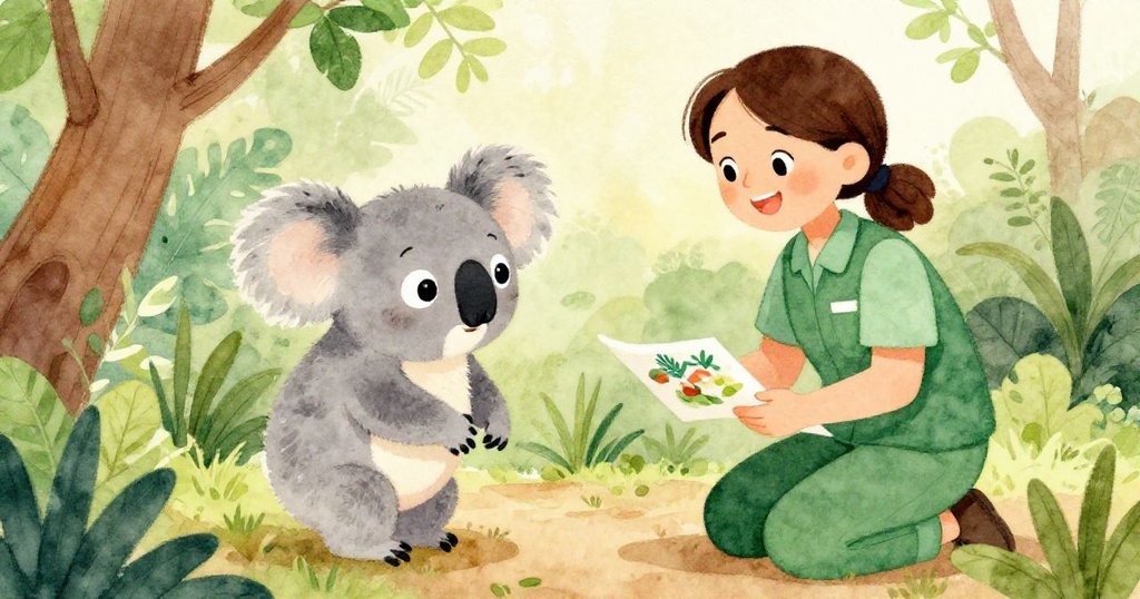 小考拉Kiki懷著堅定的心情走向友好的保護區工作人員,他們一起關注著有關棲息地恢復的海報,周圍環繞著郁郁蔥蔥的綠色植物。