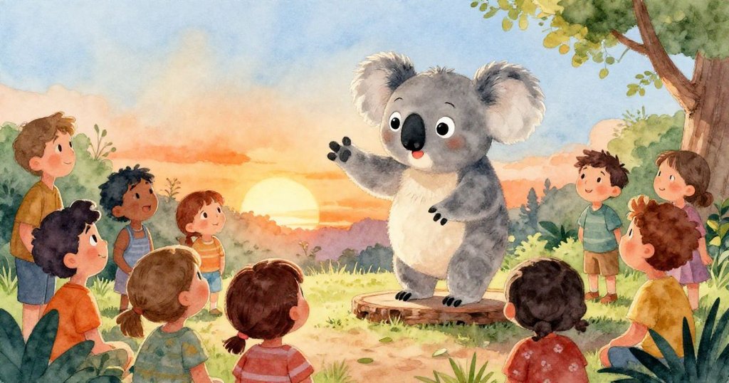 小考拉Kiki站在小平台上,熱情地向一群著迷的遊客講述她的故事,周圍的陽光溫暖地照耀著他們的臉龐。